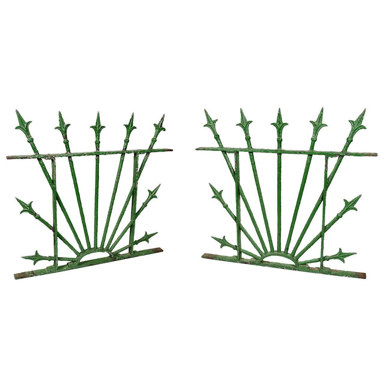 Pair of Green Painted Wrought Iron Fleur-de-lis Window Grates For Sale