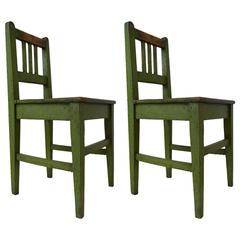 Pair of School Chairs with Original Green Paint, 1940s