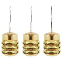 Three Staff Golden Glass Pendant Lamps with Black Cord Wire, 1970