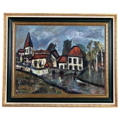 Vintage Daniel Bertet Abstract Painting of a French Village 