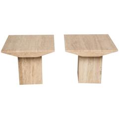 Pair of Square Travertine Side Tables with Shaped Aprons, Belgian, 1970s
