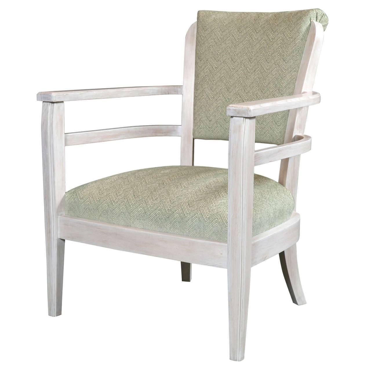 French Pickled Wood Open Armchair For Sale