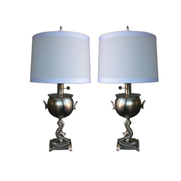 Pair of American Art Deco Brushed Nickel-Plated Lamps For Sale