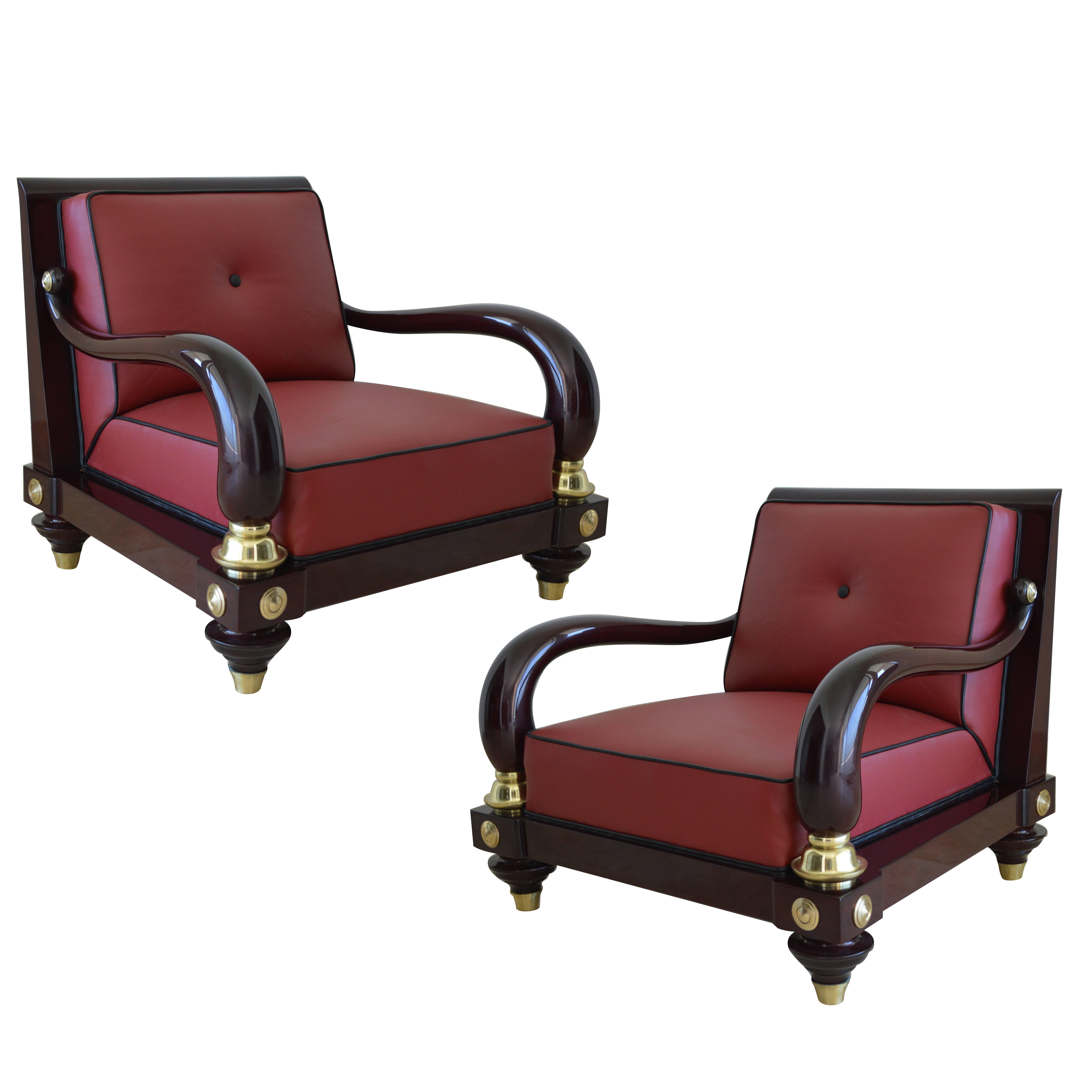 Rare 1950s Octavio Vidales Sculptural Chairs in Lacquered Mahogany and Leather For Sale