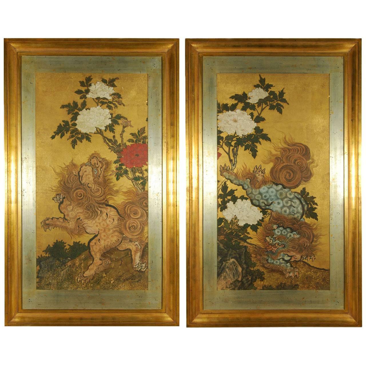 Paire de peintures japonaises anciennes de Karashishi, période Edo, 18ème siècle