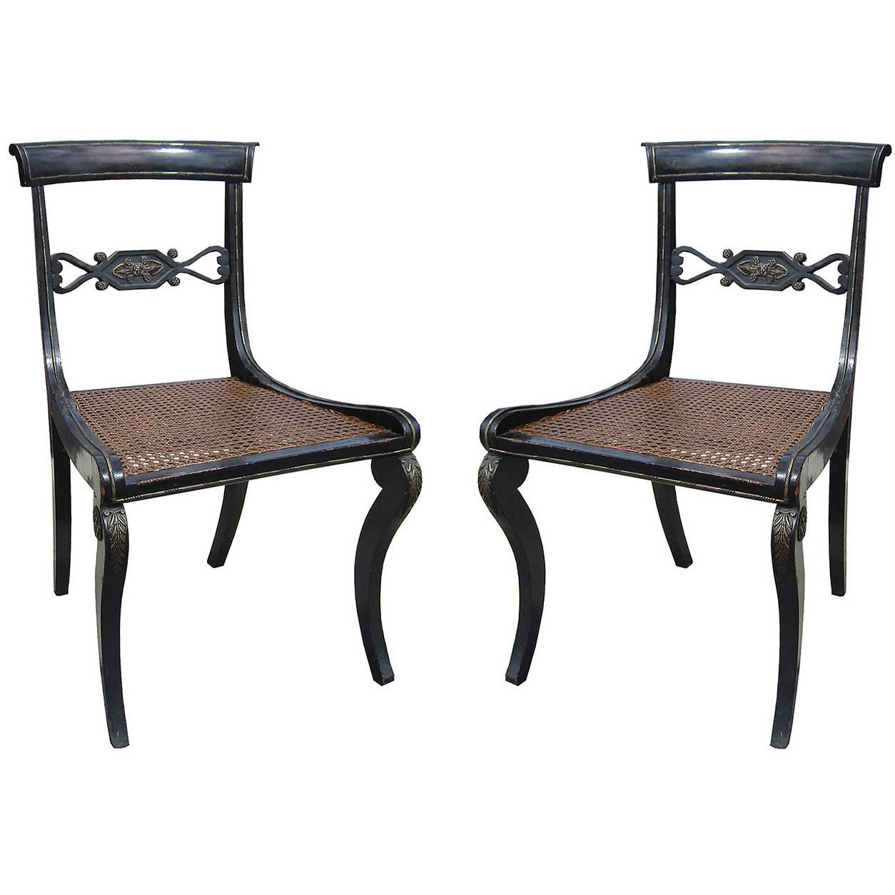 Pair of Regency Style Brass Inlaid Side Chairs, circa 1820