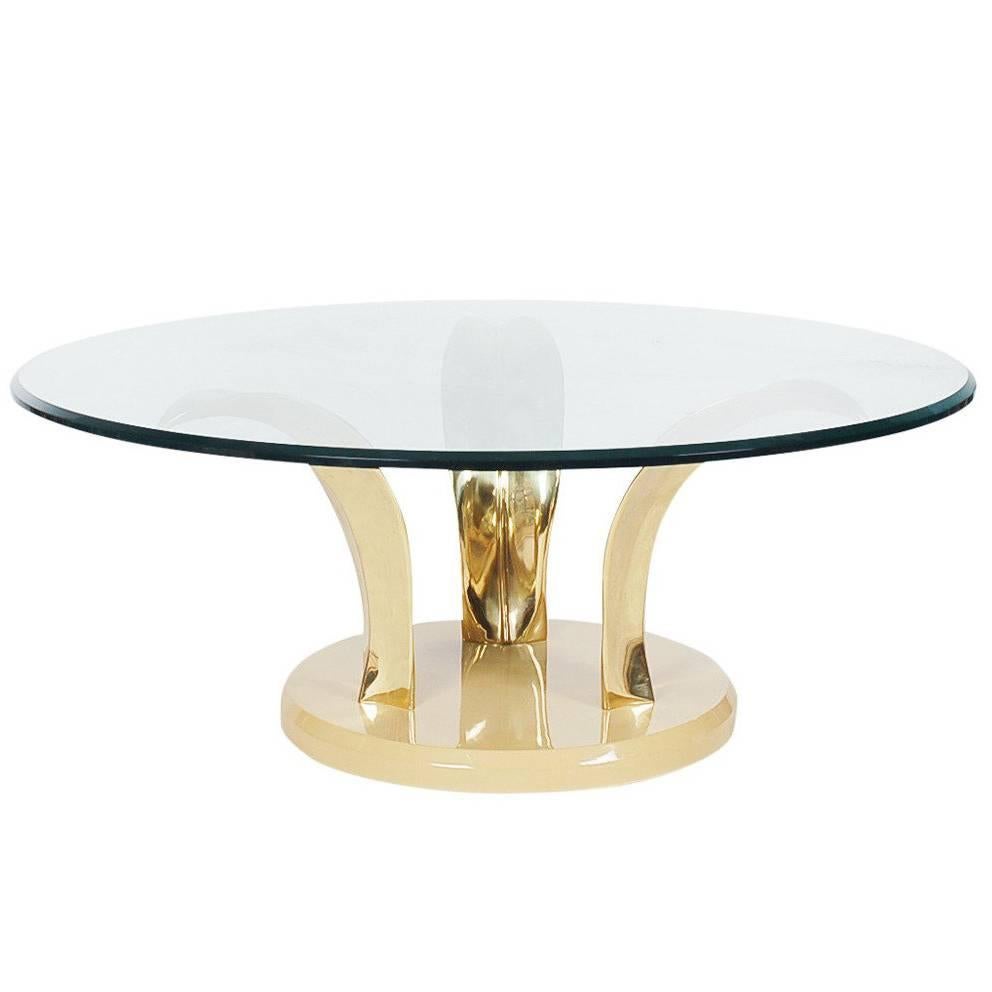 Hollywood Regency Brass and Glass Leaf Motif Cocktail Table, Mid Century Modern For Sale