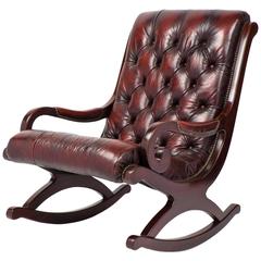 French Vintage Tufted Leather and Mahogany Rocking Chair