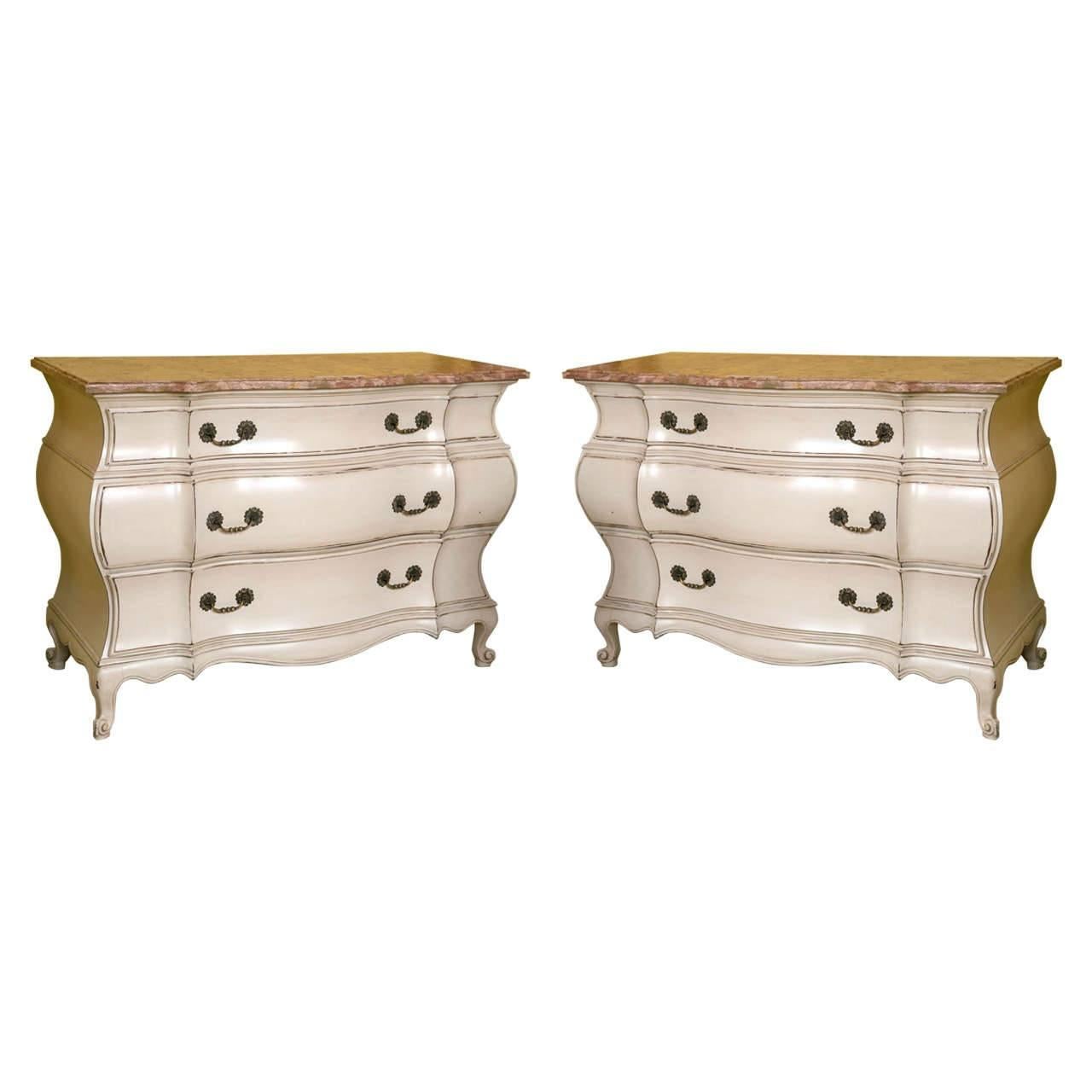 Pair of Antique Distress Painted, French Marble-Top Bombe Commodes