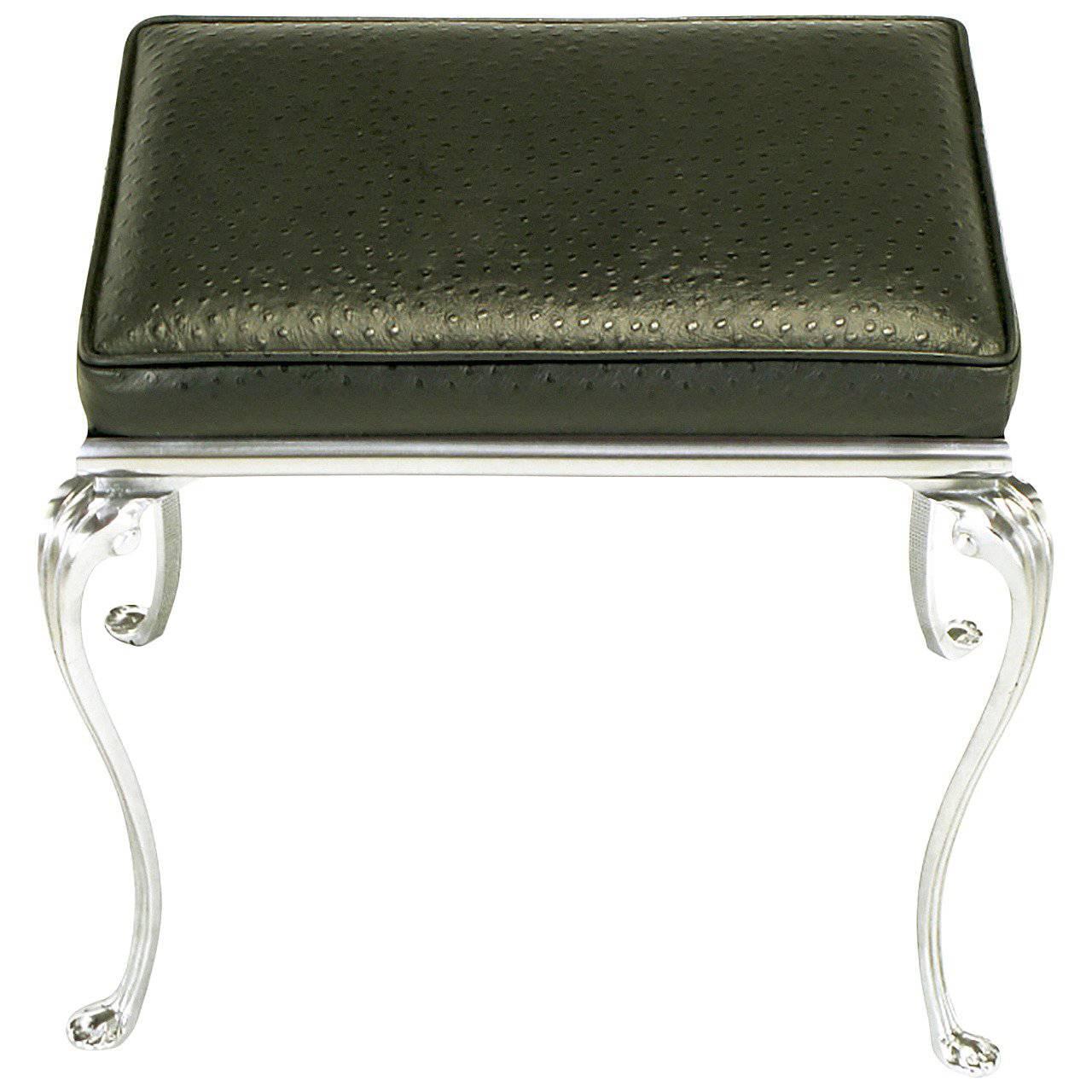 Polished Aluminum Cabriole Leg Bench with Ostrich Embossed Leather