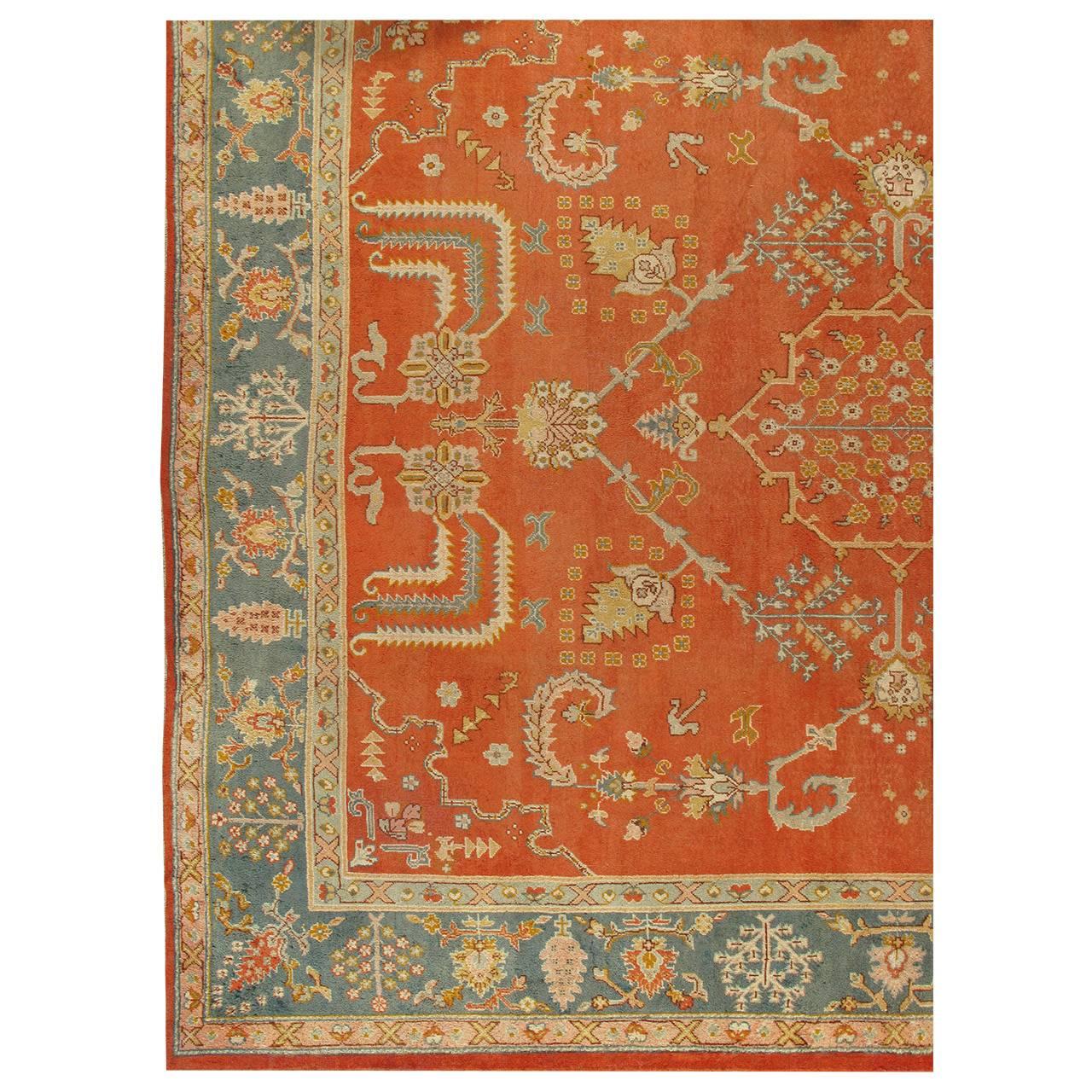 Antique Oushak Carpet, Handmade Oriental Rug, Coral Field, Blue Green Border 