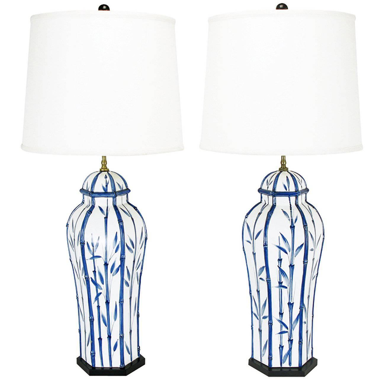 Pair of Chapman White and Blue Ceramic Ginger Jar Table Lamps