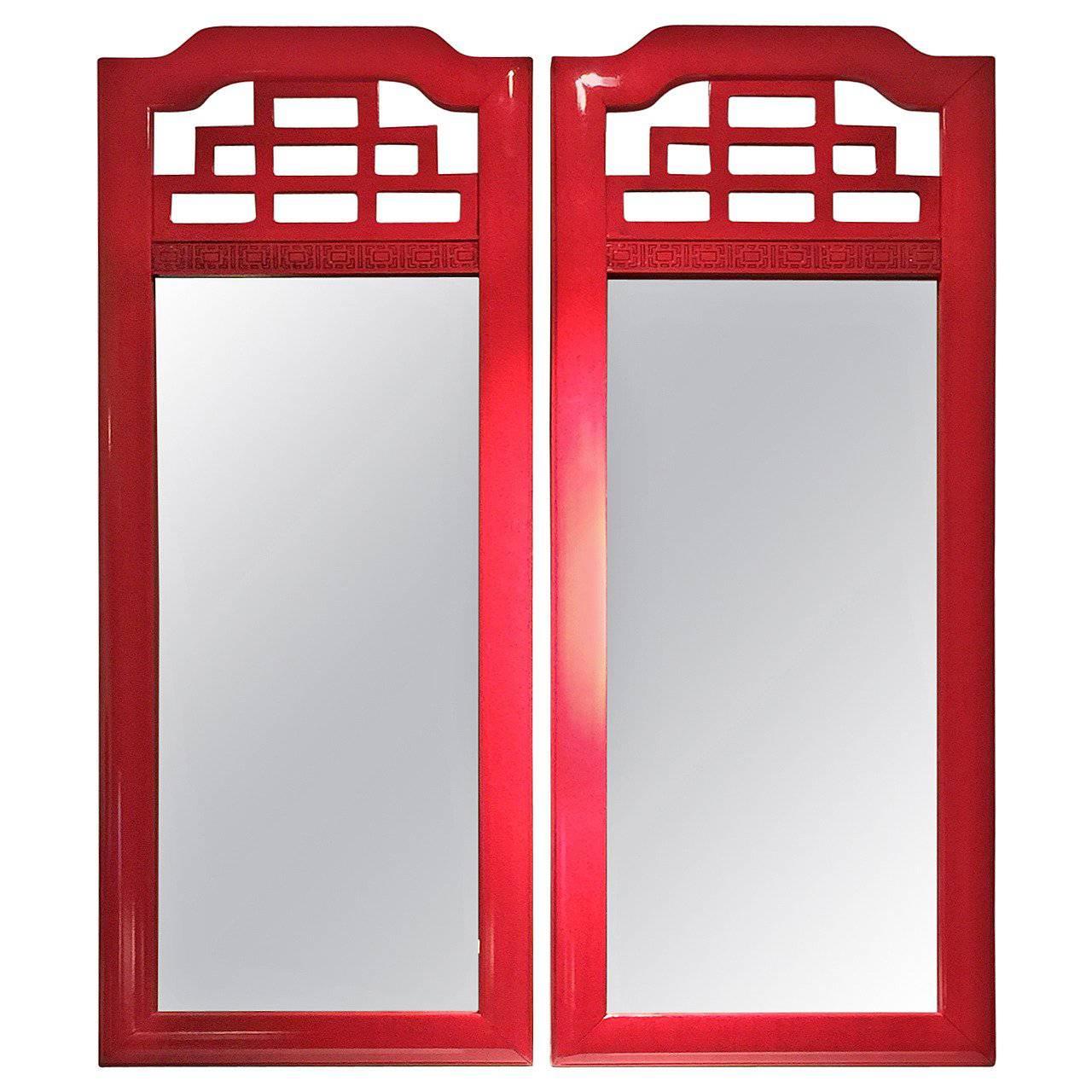 Pair of Red Lacquered Chinese Chippendale Style Mirrors