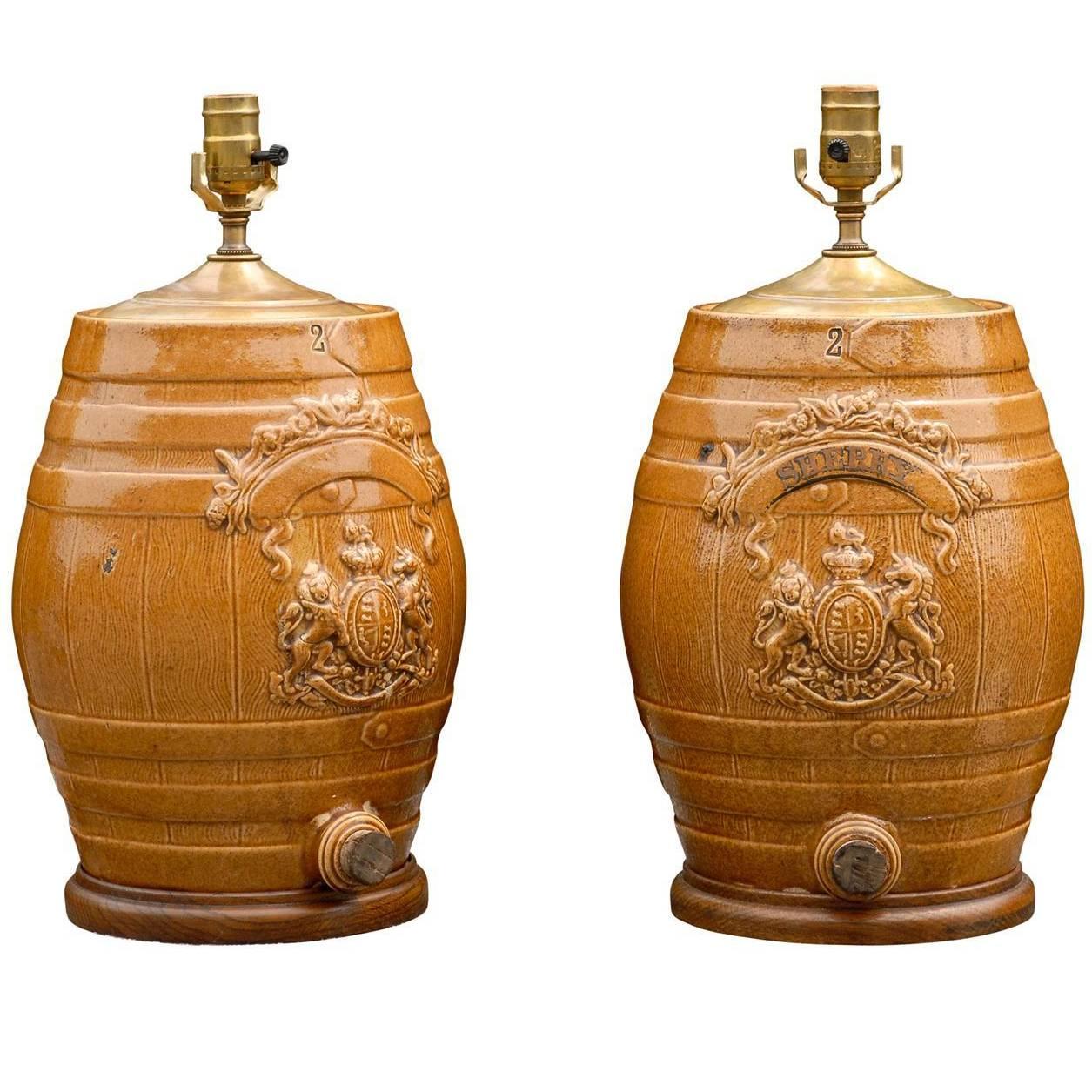 Pair of English Stoneware Spirit Barrel Lamps from the Mid-19th Century