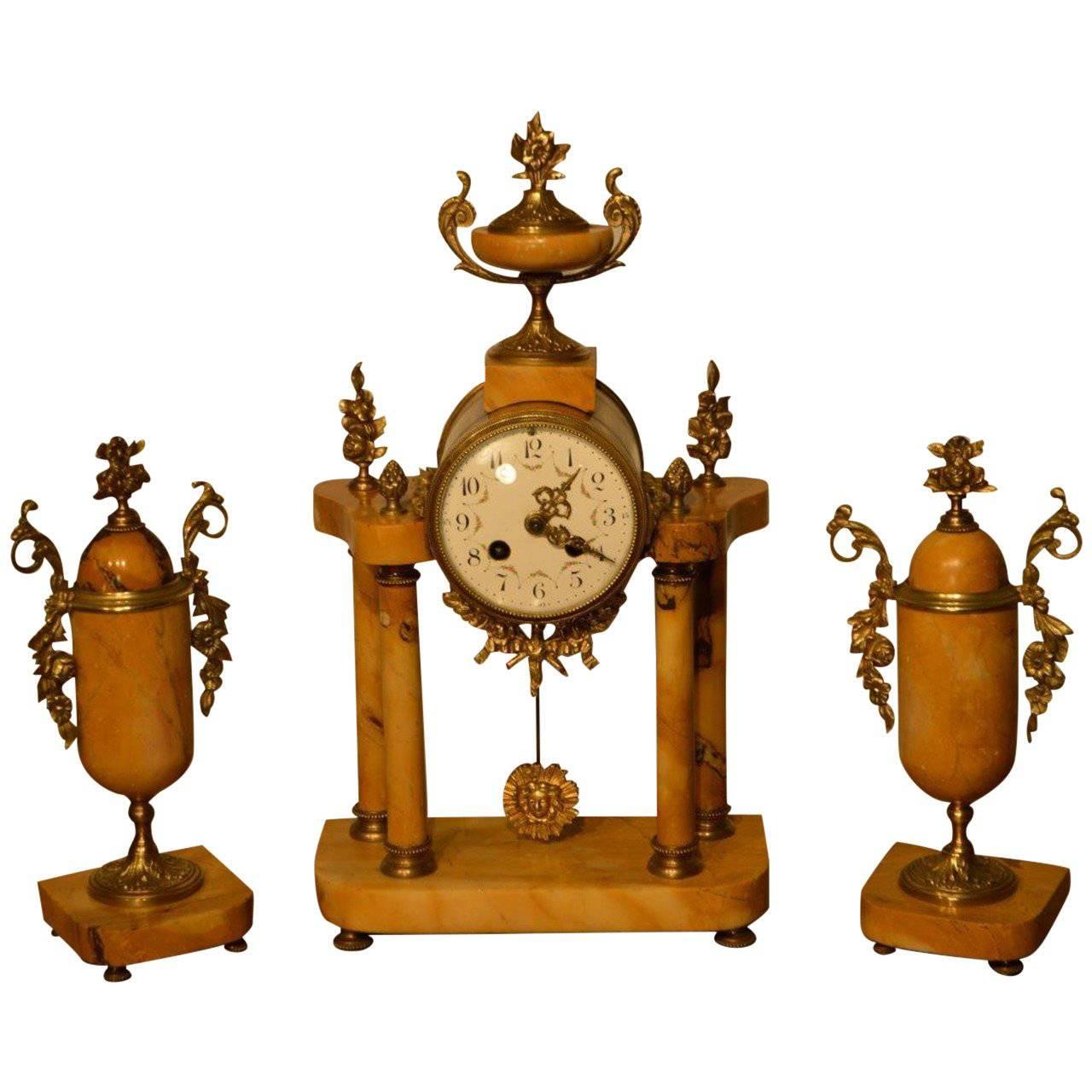 French 19th Century Sienna Marble and Ormolu Clock Garniture