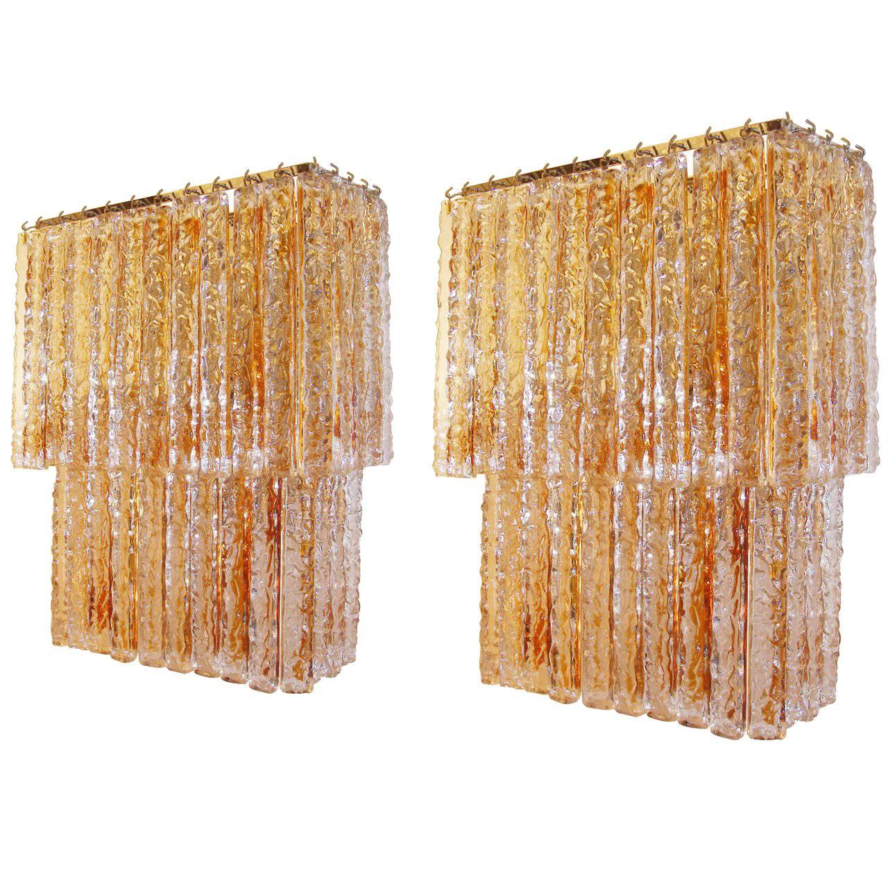 Pair of Large Amber and Clear Glass Sconces Attributed to Mazzega For Sale