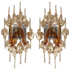 Gorgeous Brutalist Pair of Murano Glass Gilt Metal Wall Sconces Gorgeous Brutalist Pair of Murano Glass Gilt Metal Wall Sconces