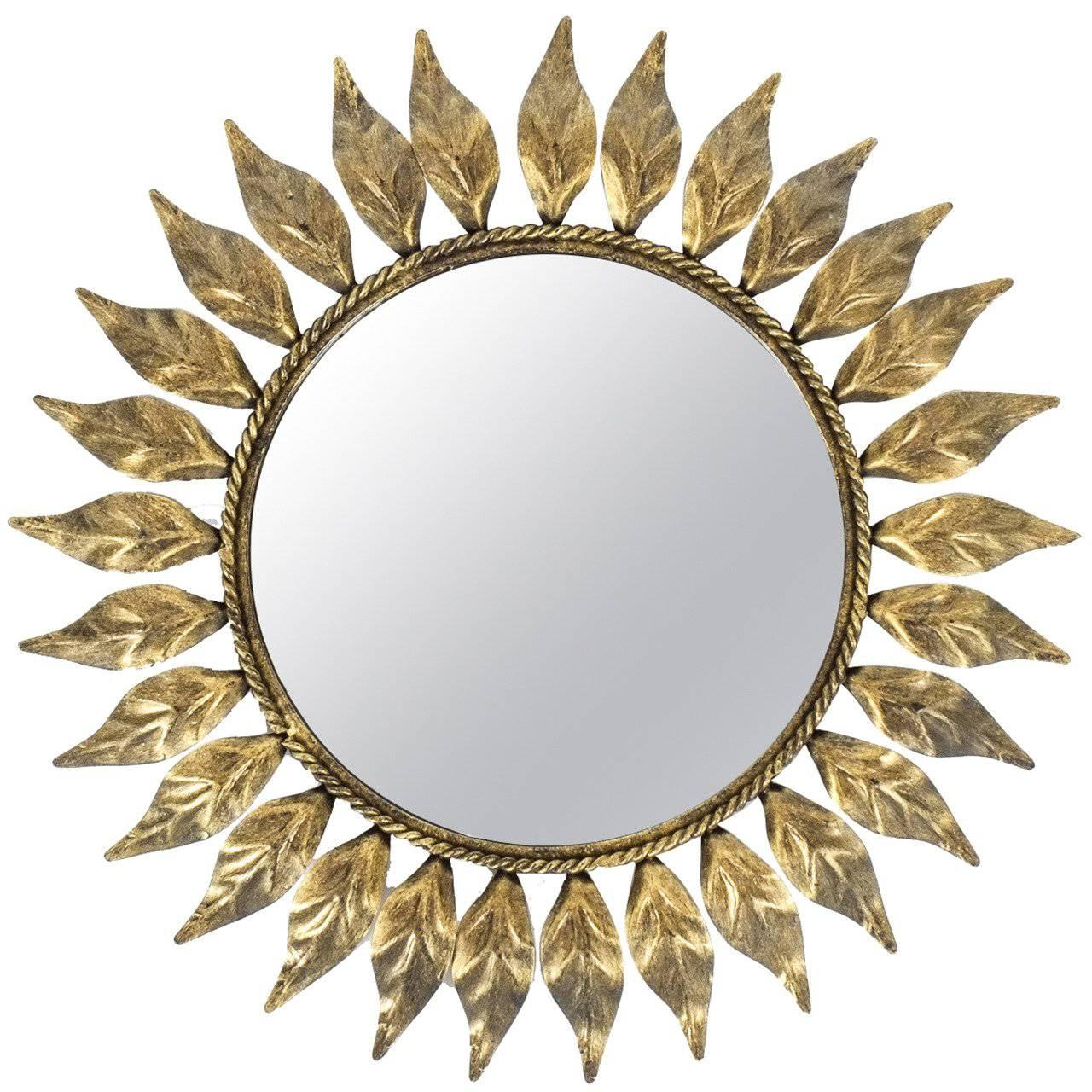 Sunburst Mirror Made from Patinized Brass, France Mid Century Modern