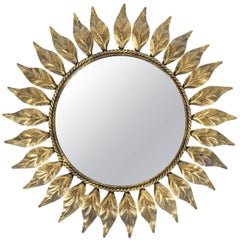 Vintage Sunburst Mirror Made from Patinized Brass, France Mid Century Modern