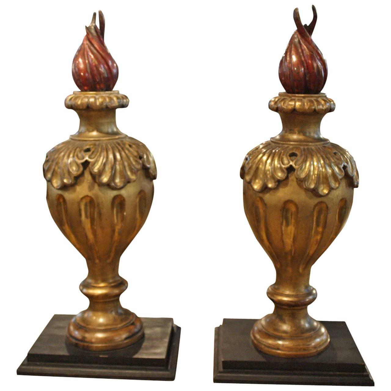 Pair of 19th Century Italian Giltwood Flame Finials For Sale