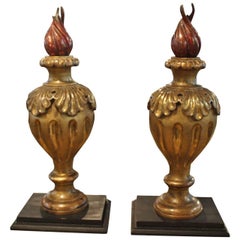 Antique Pair of 19th Century Italian Giltwood Flame Finials