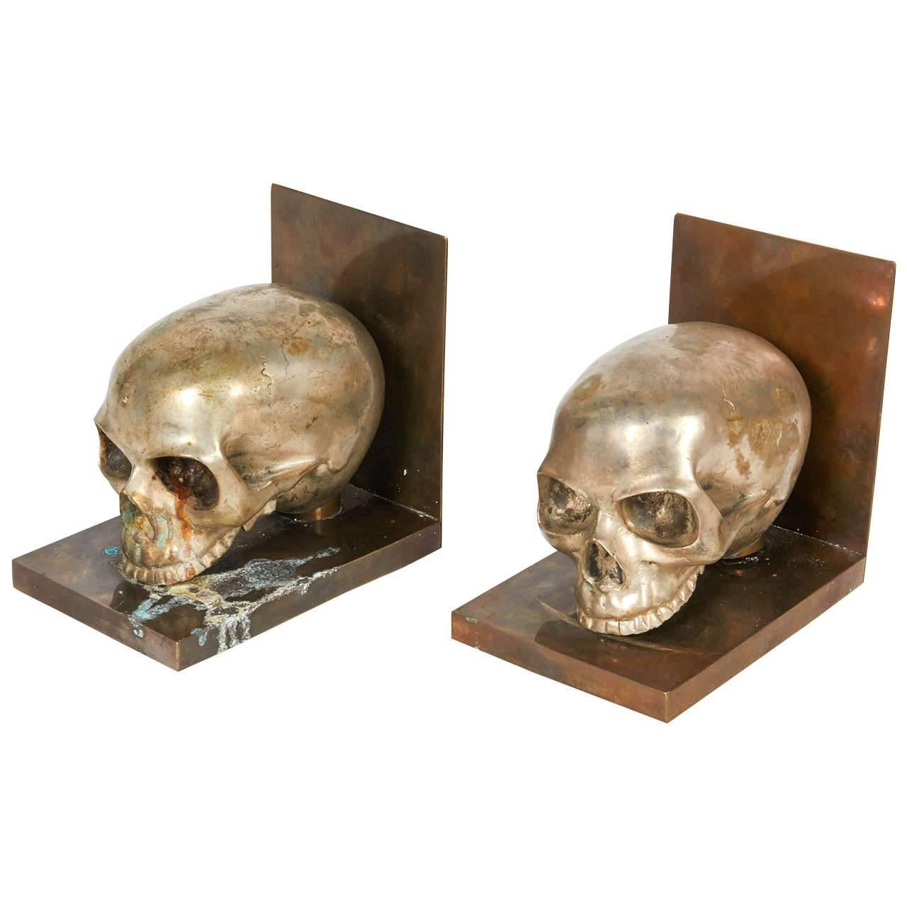 Bronze and Silver Skull Bookends For Sale