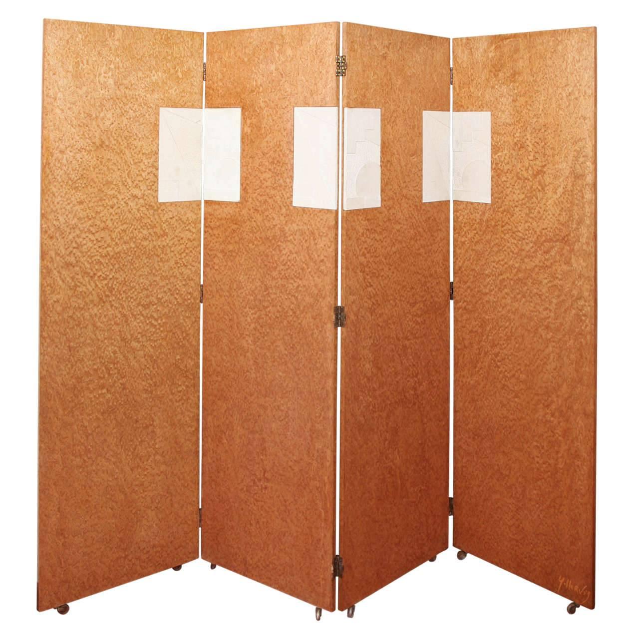 Four-Panel Screen with Plaster Insets Signed by Yves Hervis, France, circa 1960