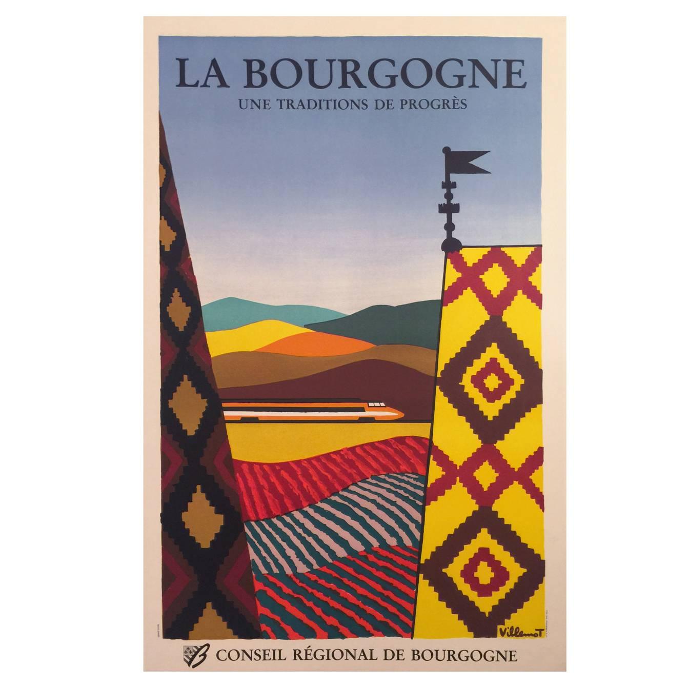 New Wave Style Modern Period French Travel Poster for Burgundy by Villemot, 1984 For Sale