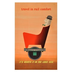 Original Vintage Mid-Century Modern Advertising Poster, “Travel in Rail Comfort”