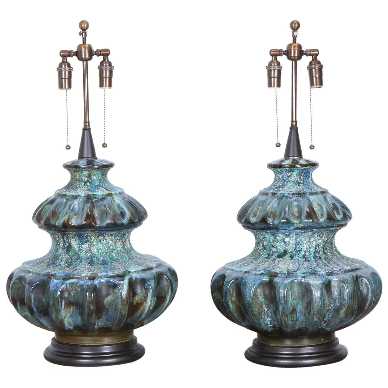 Spectacular Pair of Ceramic Lamps with a Volcanic Glaze