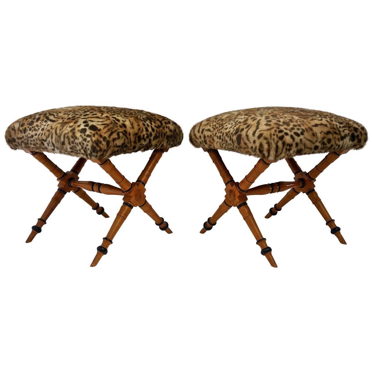 Pair of Biedermeier Style X-Stools with Faux Fur Upholstery For Sale