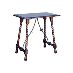 Dos Gallos Custom Wood Side Table with Iron Supports and Turned Bobbin Legs