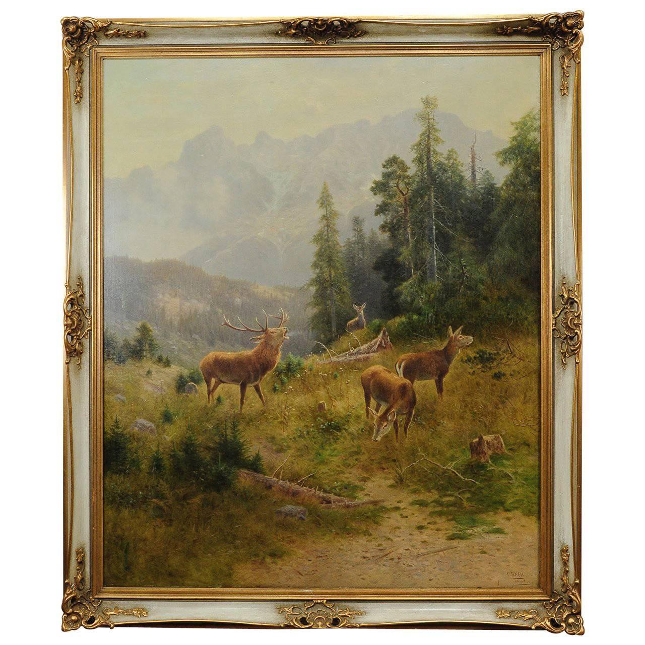 Oil Painting "Stag with Does" by Ludwig Skell