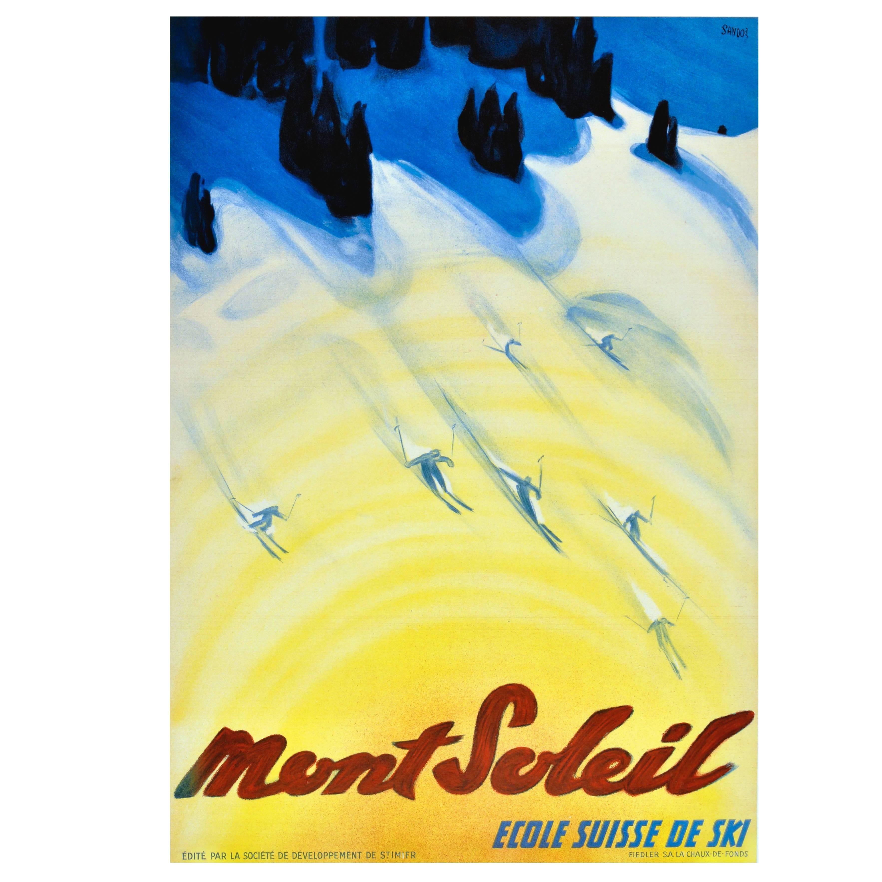 1940s Skiing Poster "Mont Soleil Ecole Suisse De Ski (Swiss Ski School)"