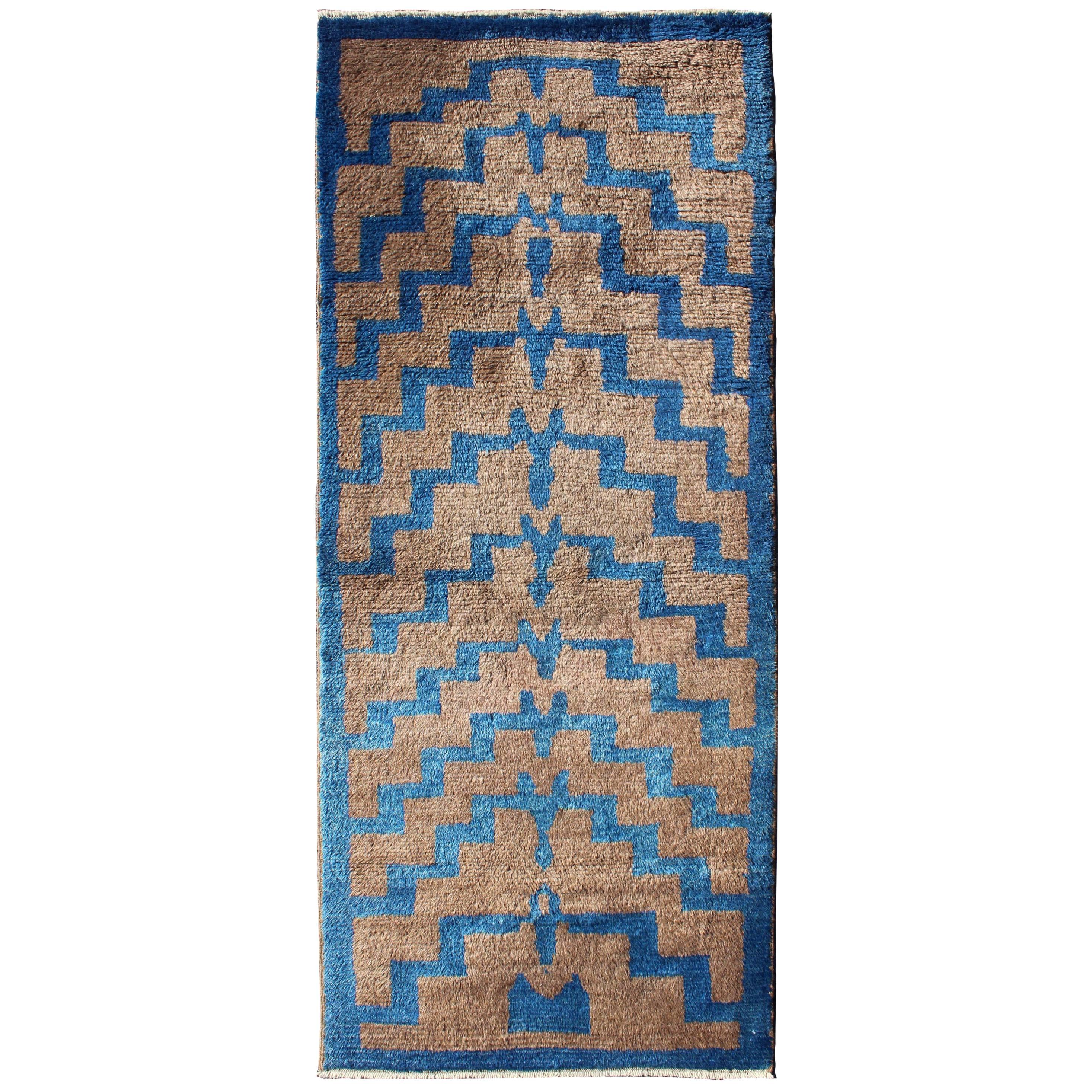 Vintage Turkish Tulu Rug in Brown and Blue with Modern Tribal Pattern