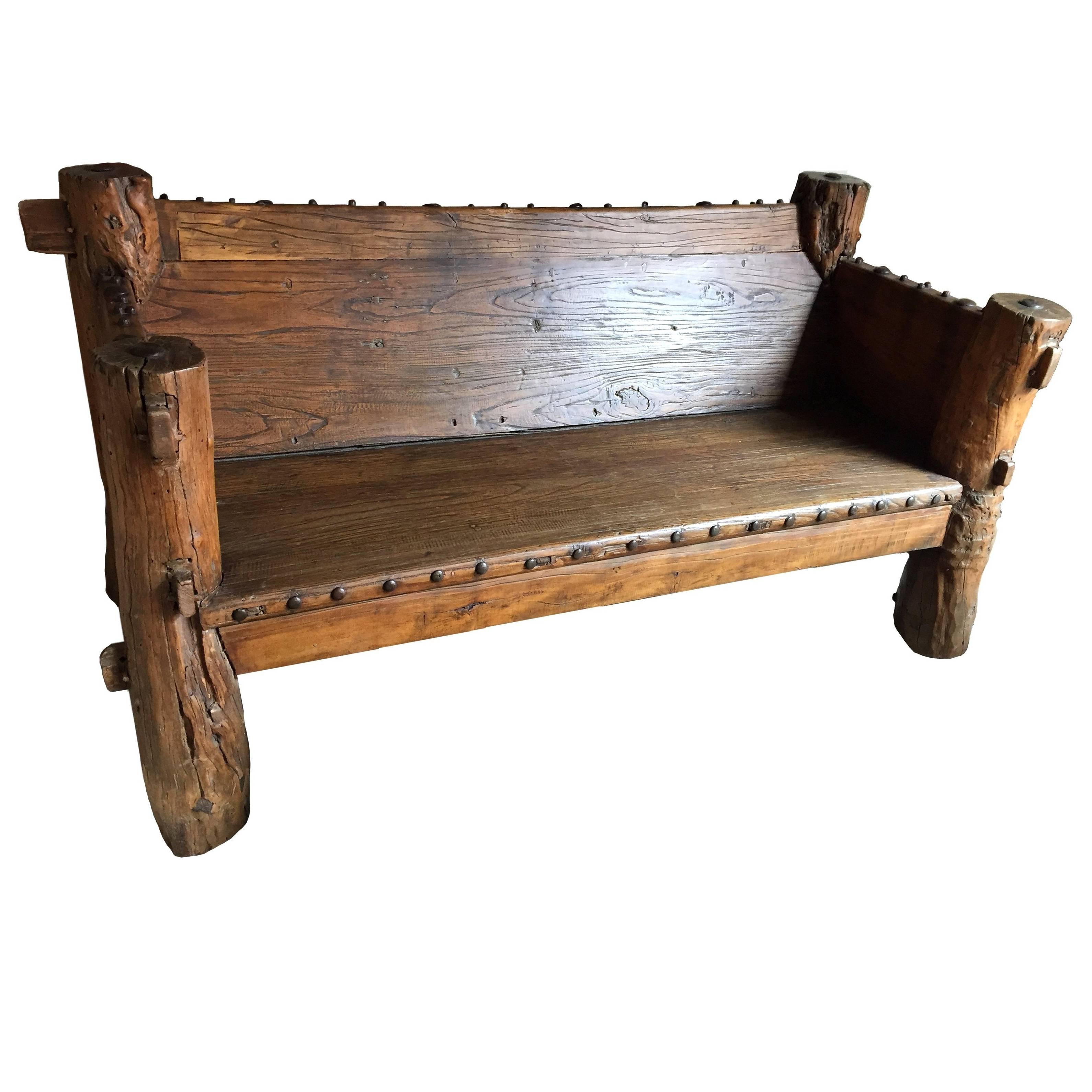 Country Log Bench, Rustic Solid with Iron Studs For Sale