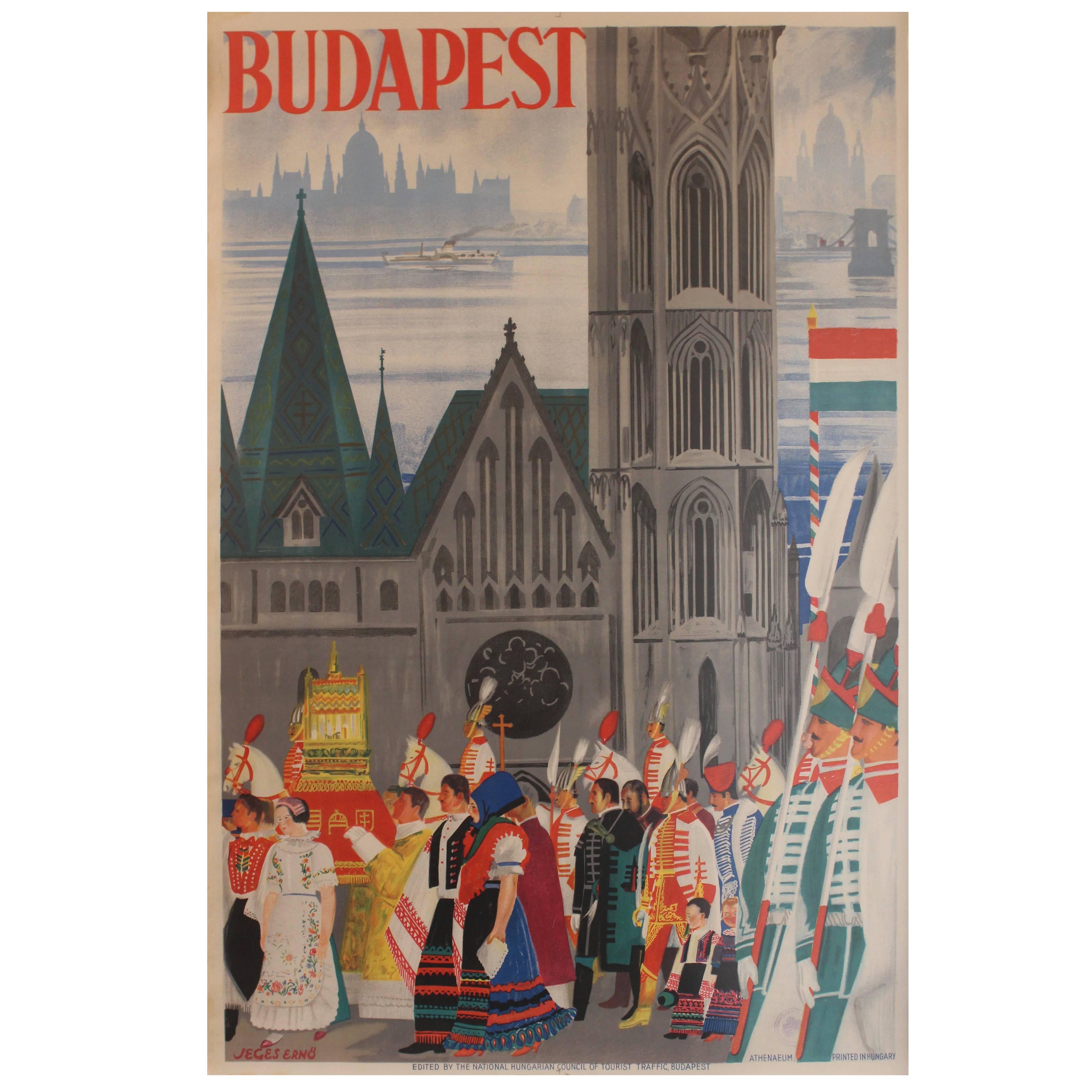 Original 1930s Art Deco Travel Advertising Poster for Budapest by Jeges Erno