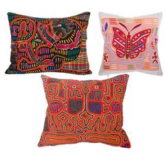 Brightly Colored Vintage Mola Pillows, Red Orange and Pink 1