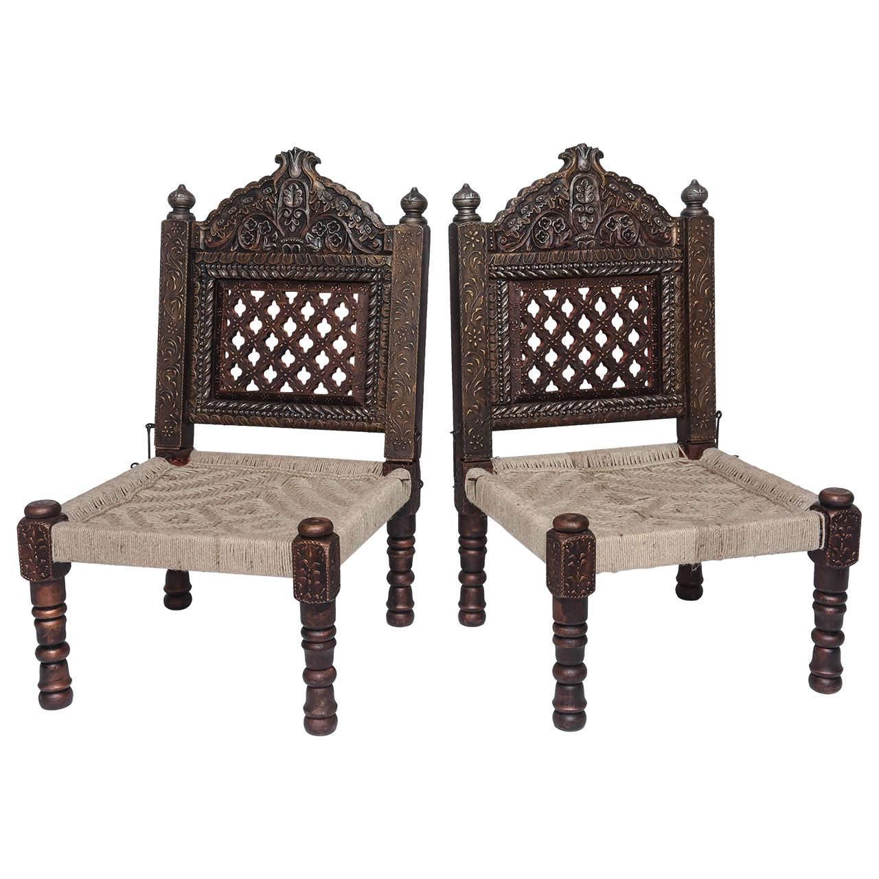 Pair of Hand-Carved Wood and Rope, Folding Chairs, Morocco
