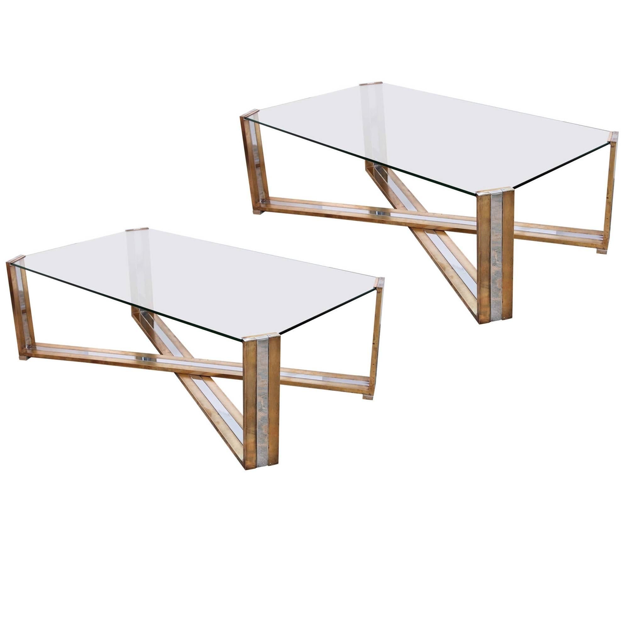 Pair of Italian Brass and Chrome Coffee Tables by Romeo Rega For Sale