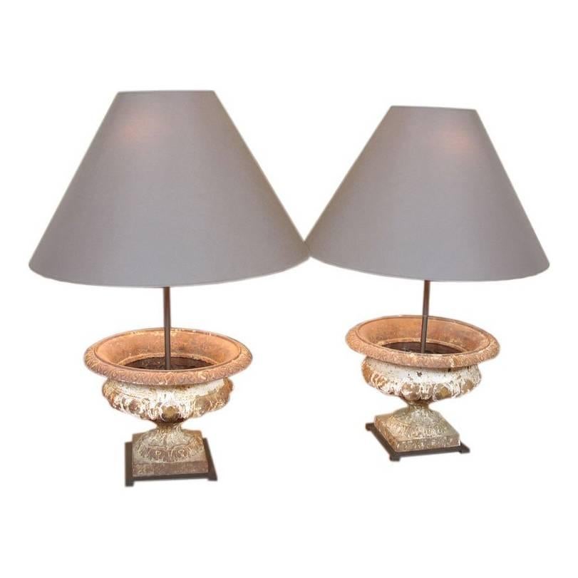 Pair of French Cast-Iron Urn Lamps