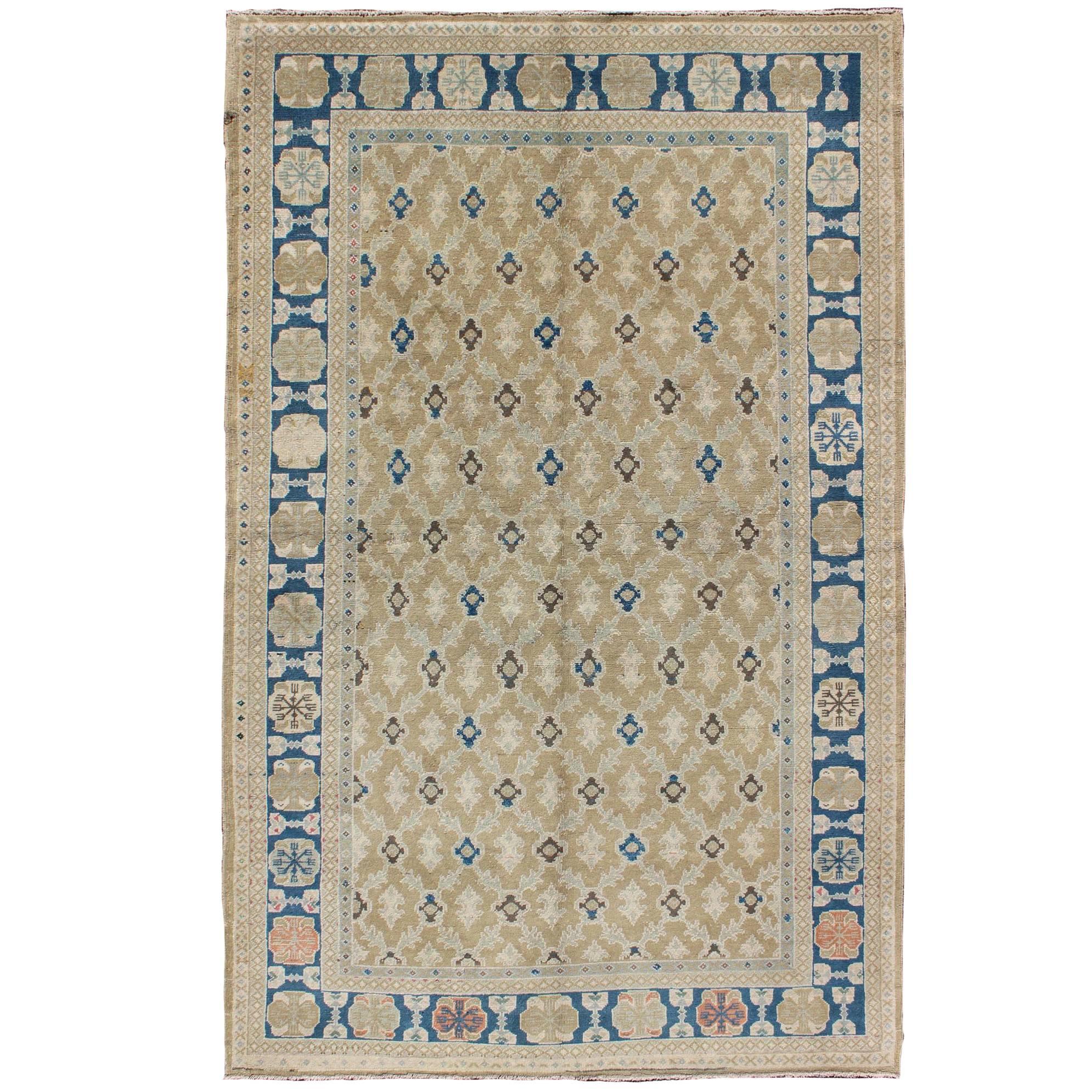Fine Turkish Sivas Rug in All Over Geometric Design in Tan, Taupe, Blue & Brown For Sale