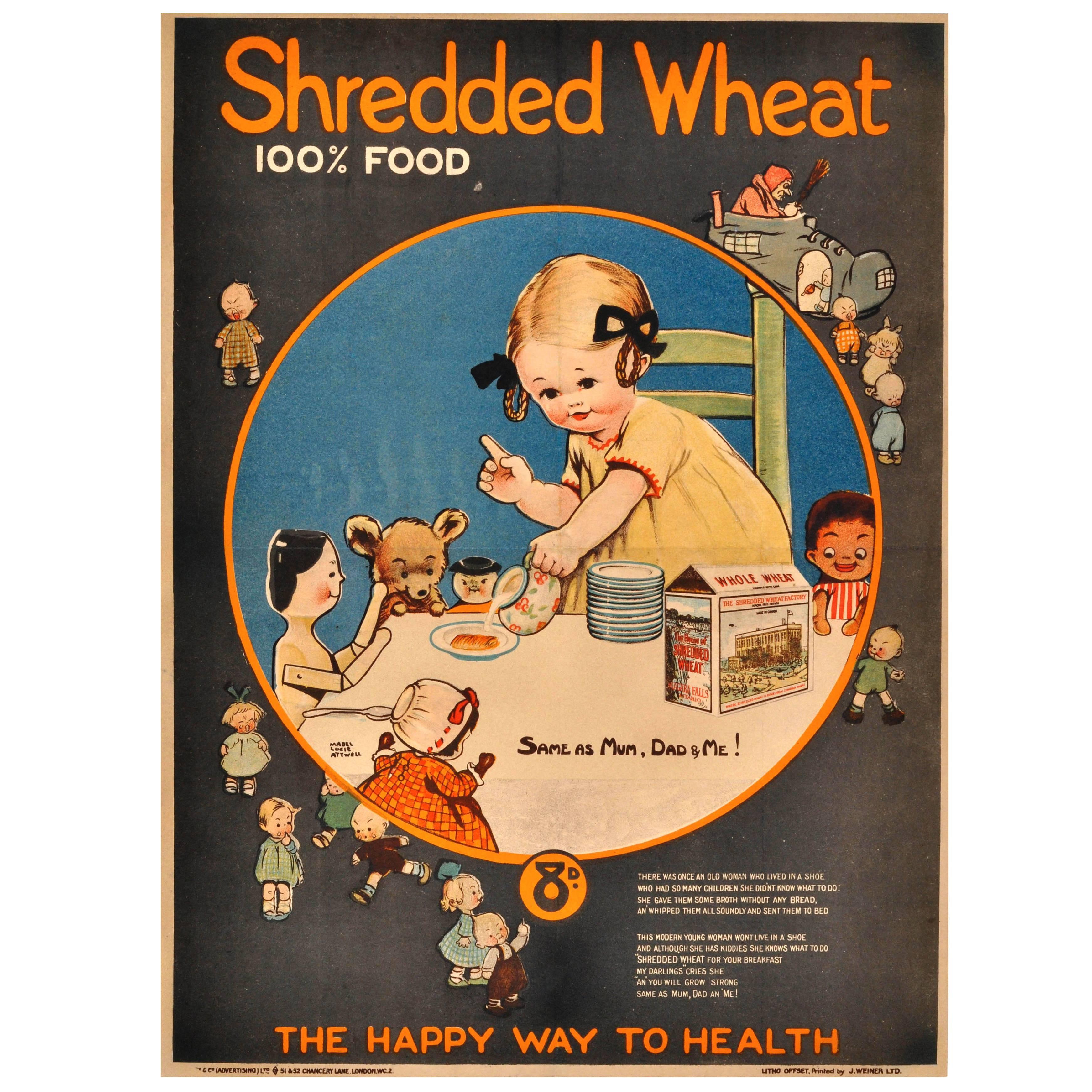 Rare Early Original Advertising Poster by Mabel Lucie Attwell for Shredded Wheat For Sale