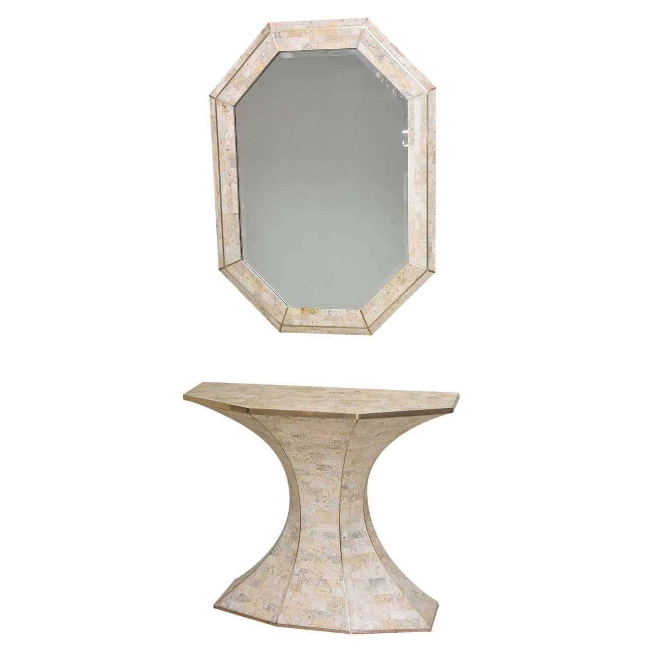 Maitland-Smith Tessellated Marble Console and Mirror with Brass Inlays