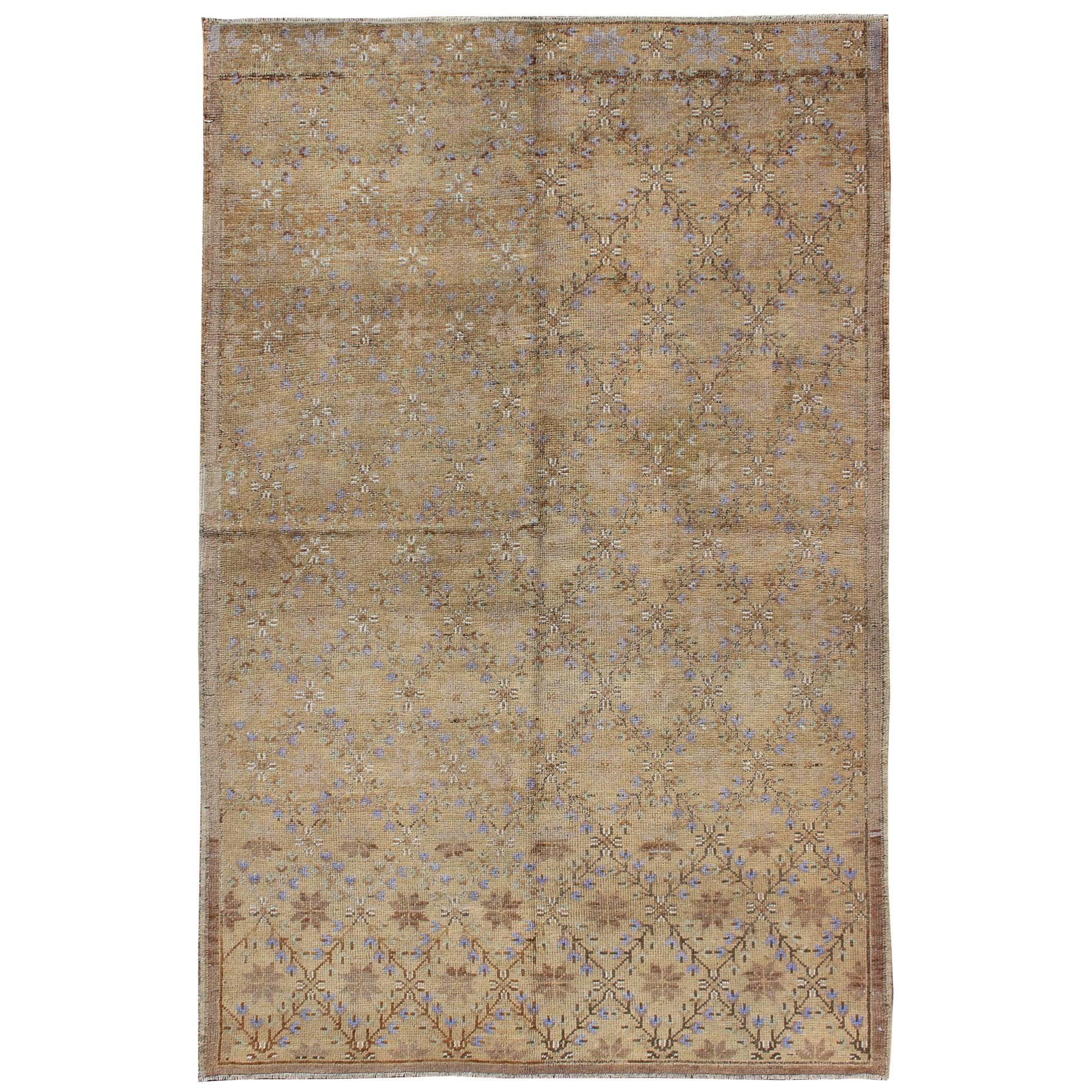 Turkish Oushak Rug with All-Over Design and Neutral Colors; Tan, Taupe, Icy Blue For Sale