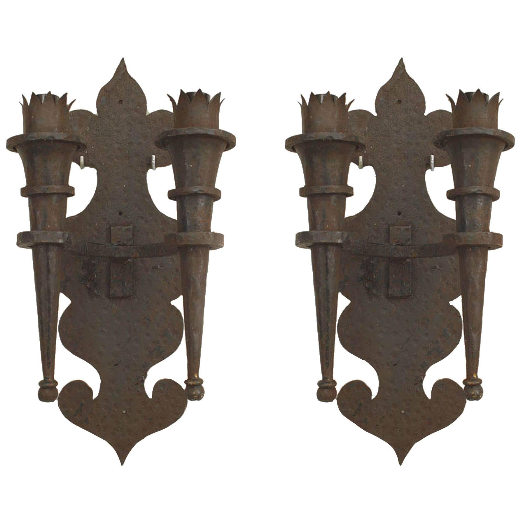 Pair of 20th Century Renaissance Revival Wrought Iron Double Torch Sconces
