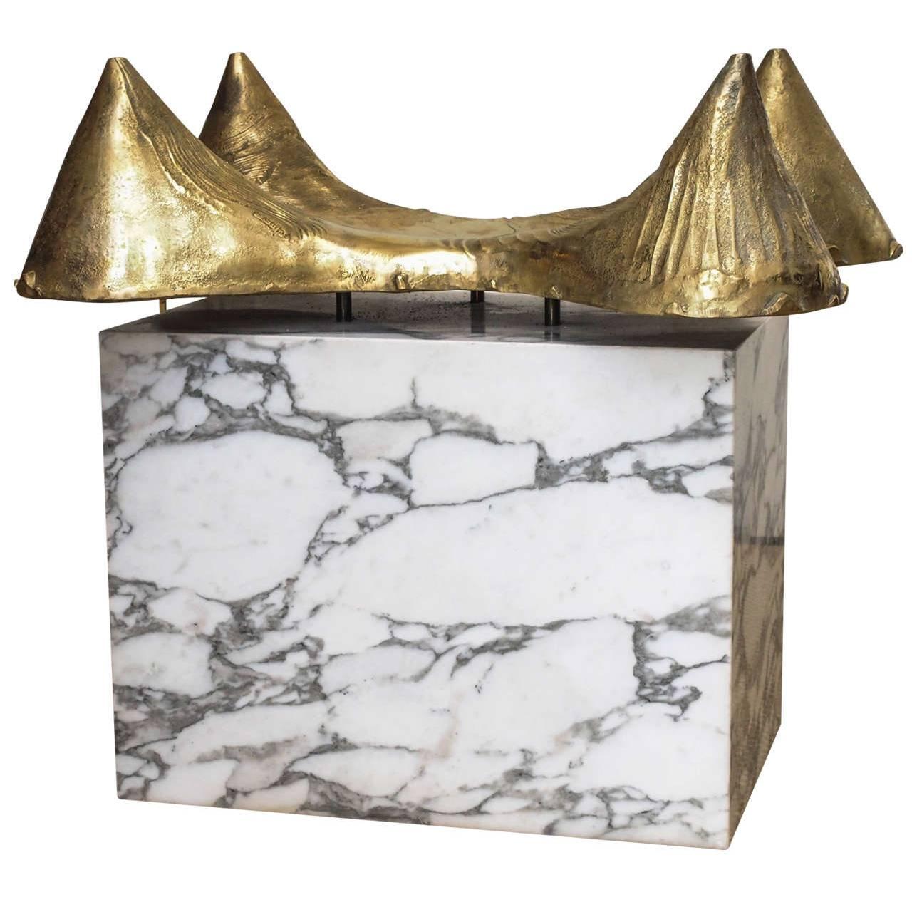 Table Base in Bronze and Marble, Signed with Glass Top For Sale