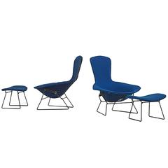 Vintage Pair of Bird Chairs and Ottomans Designed by Harry Bertoia