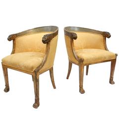 Pair of Italian Neoclassical Green Painted Upholstered Armchairs