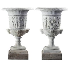 Pair of Large Continental Sculpted White Marble Urns